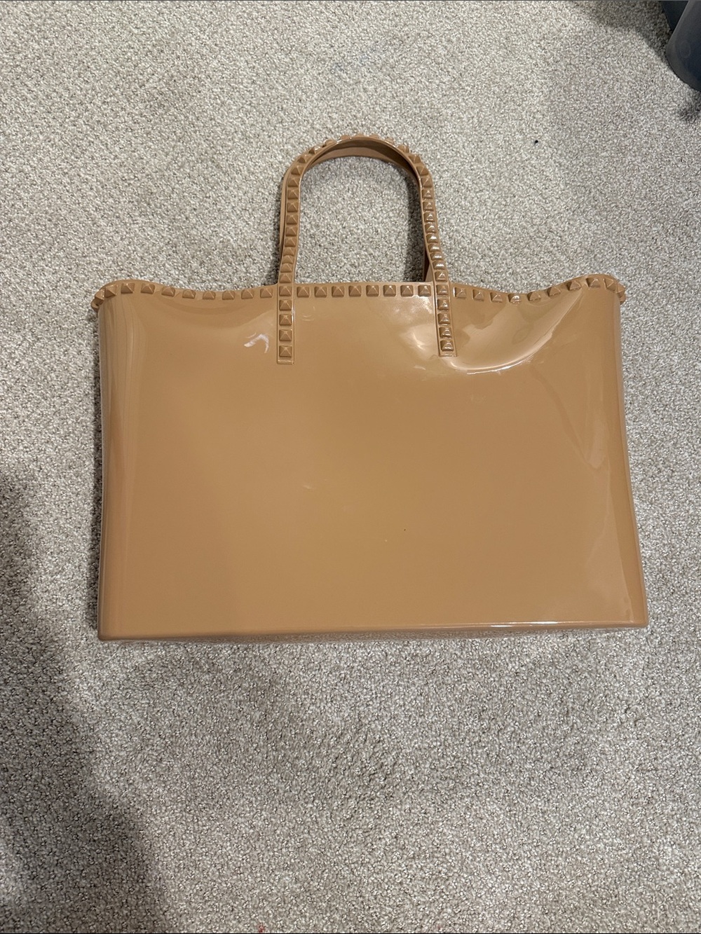 Patent Tote Bag with Stud Trim in Tan